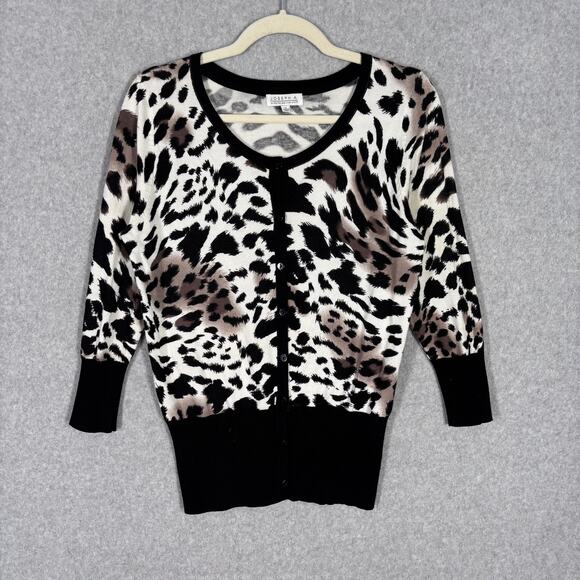 Vintage 90s Joseph A Cardigan Sweater Medium Leopard Animal Thin Mob Twee 80s - Picture 1 of 10